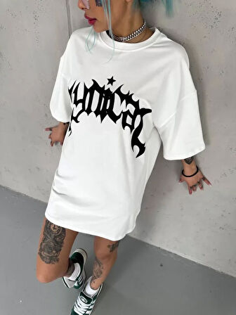 Livizmir Moda Unisex Bisiklet Yaka Baskılı Oversize T-Shirt - Beyaz