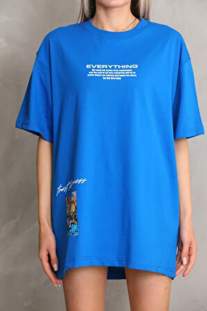 Livizmir Moda Unisex Bisiklet Yaka Baskılı Oversize T-Shirt - Mavi