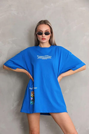 Livizmir Moda Unisex Bisiklet Yaka Baskılı Oversize T-Shirt - Mavi