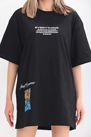 Livizmir Moda Unisex Bisiklet Yaka Baskılı Oversize T-Shirt - Siyah