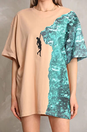 Livizmir Moda Unisex Bisiklet Yaka Baskılı Oversize T-Shirt - Bej