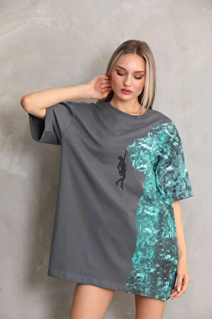 Livizmir Moda Unisex Bisiklet Yaka Baskılı Oversize T-Shirt - Gri