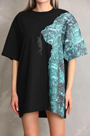 Livizmir Moda Unisex Bisiklet Yaka Baskılı Oversize T-Shirt - Siyah