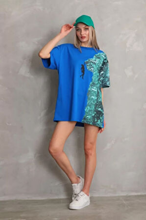 Livizmir Moda Unisex Bisiklet Yaka Baskılı Oversize T-Shirt - Mavi