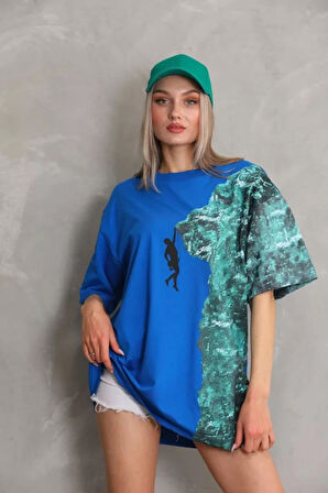 Livizmir Moda Unisex Bisiklet Yaka Baskılı Oversize T-Shirt - Mavi