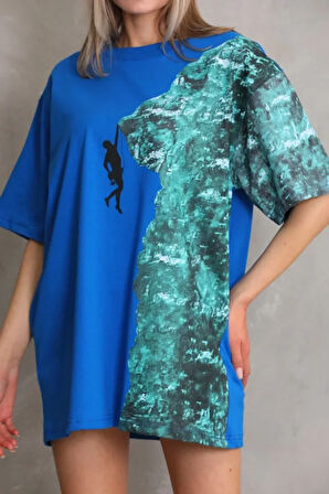 Livizmir Moda Unisex Bisiklet Yaka Baskılı Oversize T-Shirt - Mavi