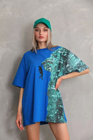 Livizmir Moda Unisex Bisiklet Yaka Baskılı Oversize T-Shirt - Mavi