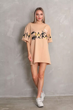 Livizmir Moda Unisex Bisiklet Yaka Baskılı Oversize T-Shirt - Bej