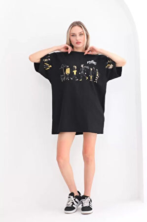 Livizmir Moda Unisex Bisiklet Yaka Baskılı Oversize T-Shirt - Siyah