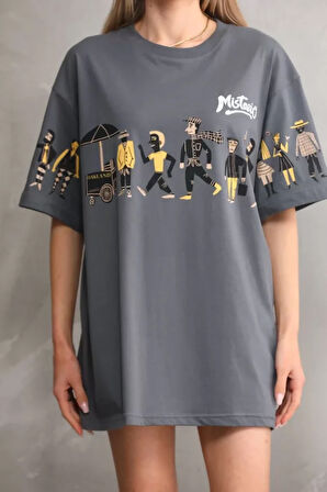 Livizmir Moda Unisex Bisiklet Yaka Baskılı Oversize T-Shirt - Gri