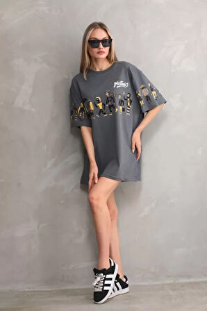 Livizmir Moda Unisex Bisiklet Yaka Baskılı Oversize T-Shirt - Gri