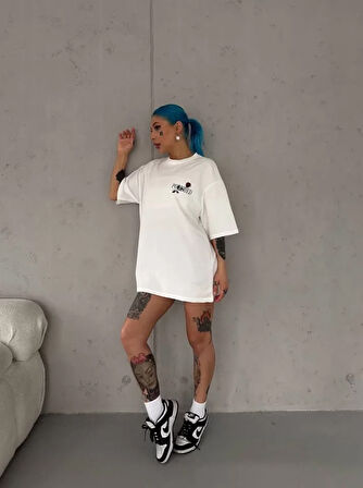 Livizmir Moda Unisex Bisiklet Yaka Baskılı Oversize T-Shirt - Beyaz