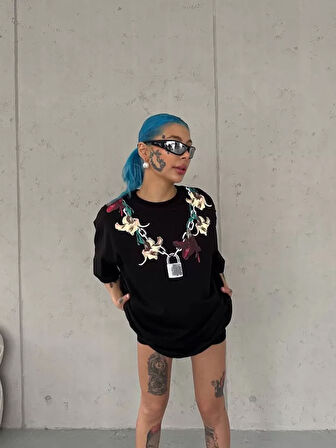 Livizmir Moda Unisex Bisiklet Yaka Baskılı Oversize T-Shirt - Siyah