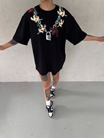 Livizmir Moda Unisex Bisiklet Yaka Baskılı Oversize T-Shirt - Siyah