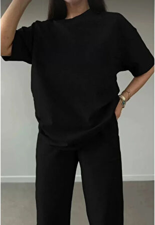 Livizmir Moda Unisex Düz T-Shirt Ve Eşofman Takımı - Siyah