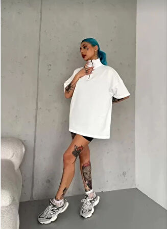 Livizmir Moda Unisex Yarım Fermuarlı Düz Oversize T-Shirt - Beyaz
