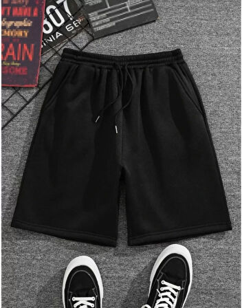 Livizmir Moda Unisex İki İplik Düz Oversize Şort - Siyah