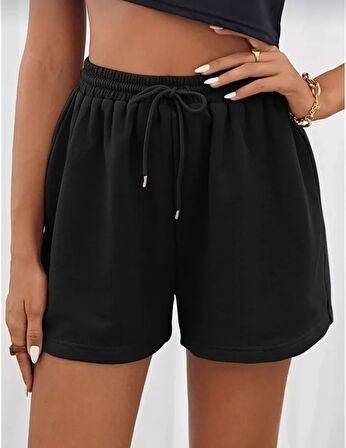 Livizmir Moda Unisex İki İplik Düz Oversize Şort - Siyah