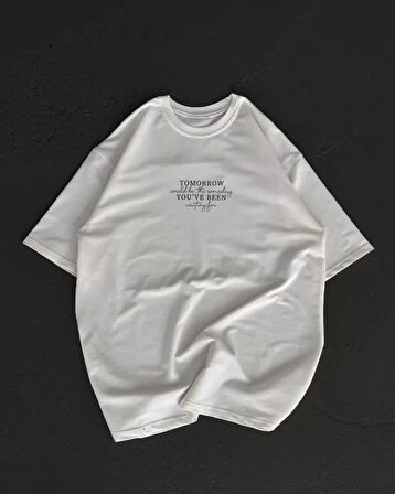 Livizmir Moda Unisex Bisiklet Yaka Baskılı Oversize T-Shirt - Beyaz