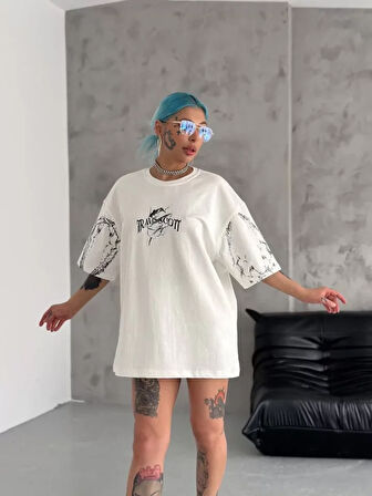 Livizmir Moda Unisex Bisiklet Yaka Baskılı Oversize T-Shirt - Beyaz