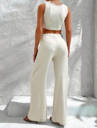 Livizmir Moda Kadın Sıfır Kol Püskül Detay Geniş Paça Kaşkorse Ikili Takım