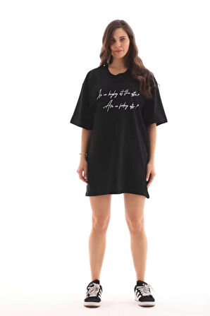 Livizmir Moda Unisex Bisiklet Yaka Baskılı Oversize T-Shirt - Siyah