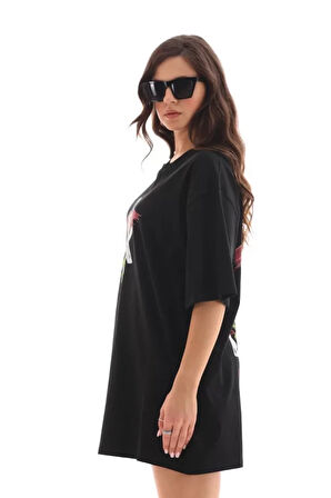 Livizmir Moda Unisex Bisiklet Yaka Baskılı Oversize T-Shirt - Siyah