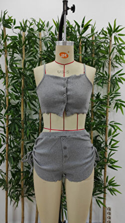 Livizmir Moda Kadın Ip Askılı Crop Bluz Ve Yanlardan Büzgülü Ikili Kaşkorse Short Takım