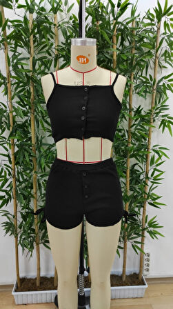 Livizmir Moda Kadın Ip Askılı Crop Bluz Ve Yanlardan Büzgülü Ikili Kaşkorse Short Takım