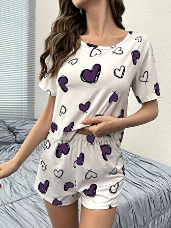 Livizmir Moda Kadın Kısa Kollu Bisiklet Yaka Kalp Baskılı Alt üst Süprem Takım