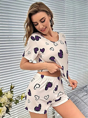 Livizmir Moda Kadın Kısa Kollu Bisiklet Yaka Kalp Baskılı Alt üst Süprem Takım