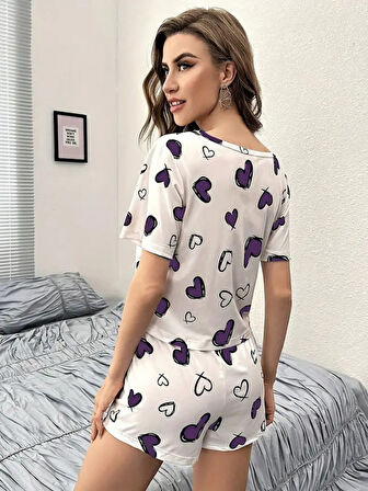 Livizmir Moda Kadın Kısa Kollu Bisiklet Yaka Kalp Baskılı Alt üst Süprem Takım
