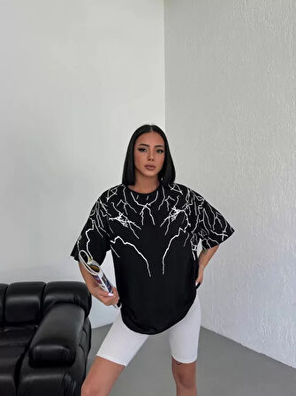 Livizmir Moda Unisex Bisiklet Yaka Baskılı Oversize T-Shirt - Siyah