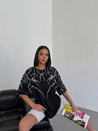 Livizmir Moda Unisex Bisiklet Yaka Baskılı Oversize T-Shirt - Siyah