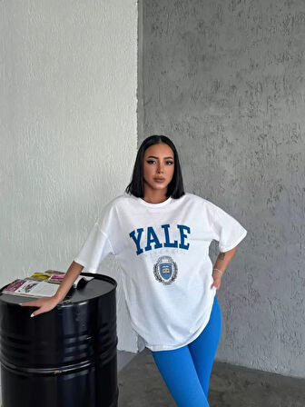 Livizmir Moda Unisex Bisiklet Yaka Baskılı Oversize T-Shirt - Beyaz