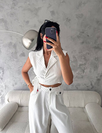 Livizmir Moda Kadın örme Krep Kumaş çizgi Desenli Kuşak Detaylı Ceket Ve Pantolon Takım