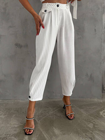 Livizmir Moda Kadın örme Krep Kumaş çizgi Desenli Kuşak Detaylı Ceket Ve Pantolon Takım