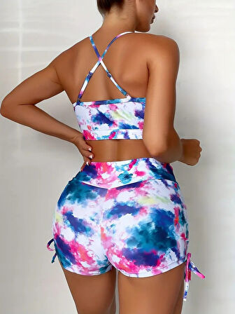 Livizmir Moda Kadın Ip Askılı Yuvarlak Yaka önden Büzgülü Krop Alt Tayt Ikili Dalgıç Takım