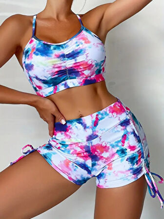 Livizmir Moda Kadın Ip Askılı Yuvarlak Yaka önden Büzgülü Krop Alt Tayt Ikili Dalgıç Takım