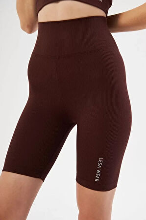 Livizmir Moda Yüksek Bel Fitilli Biker Baskılı Şort - Bordo