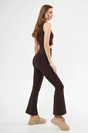 Livizmir Moda İspanyol Paça Taytli Croplu Takım - Kahve