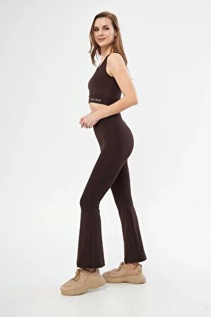 Livizmir Moda İspanyol Paça Taytli Croplu Takım - Kahve