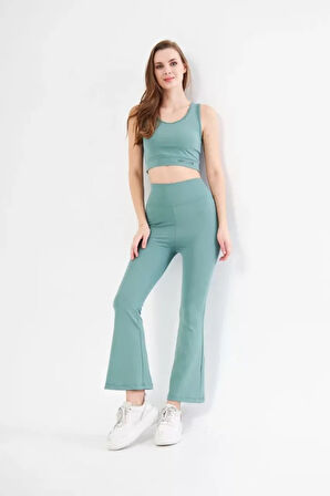 Livizmir Moda İspanyol Paça Taytli Croplu Takım - Buz Mavisi