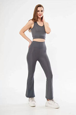 Livizmir Moda İspanyol Paça Taytli Croplu Takım - Füme