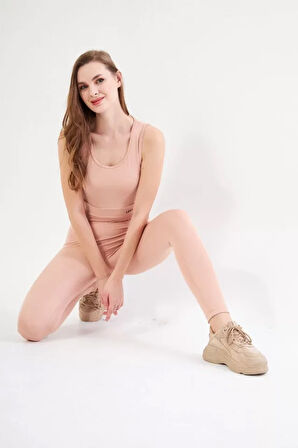 Livizmir Moda Dalgıç Croplu Taytlı Takım - Bej