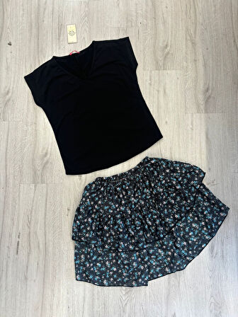 Livizmir Moda Kadın Üst Sandy Kumaş Bluz, Alt Çiçek Desenli Süprem Kumaş Etek İkili Takım