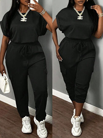 Livizmir Moda Kadın Kısa Kollu Bisiklet Yaka üst, Beli Kuşaklı Cepli Alt, Iki Iplik Takım