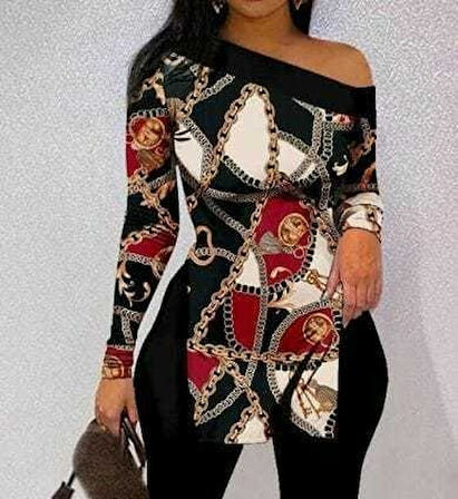 Livizmir Moda Kadın Uzun Kollu Zincir Desen Tek Omuz Düşük Mikro Bluz