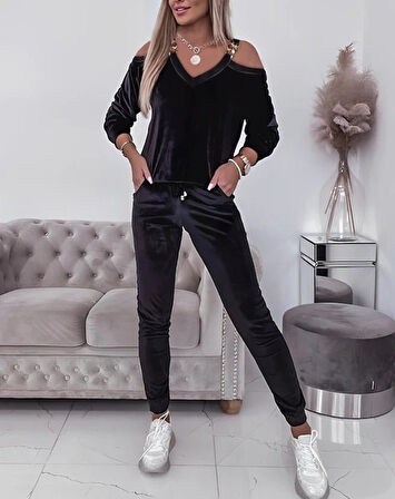 Livizmir Moda Kadın Uzun Kollu Omuz Dekolte Ve Askı Aksesuar Detay Kadife Ikili Takım
