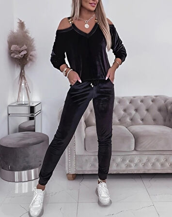 Livizmir Moda Kadın Uzun Kollu Omuz Dekolte Ve Askı Aksesuar Detay Kadife Ikili Takım